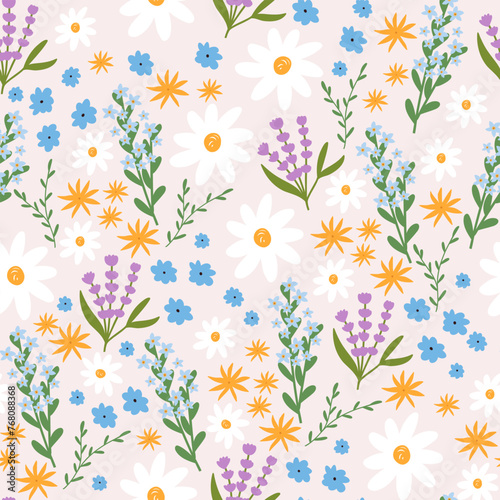 Cute floral seamless pattern, cartoon flat vector illustration. Hand dawn background with spring and summer blooming flowers. Meadow pattern, great for textile and fabric.