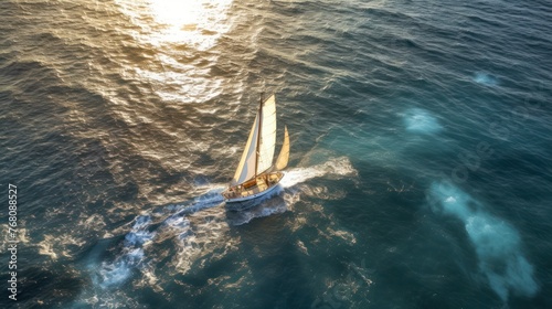 aerial view of a sailboat plowing alone in slightly rough seas. The photo conveys a sense of serenity