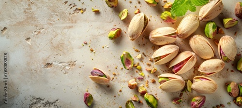 Elegant pistachios arrangement on white table with generous room for adding text or design elements © Ilja