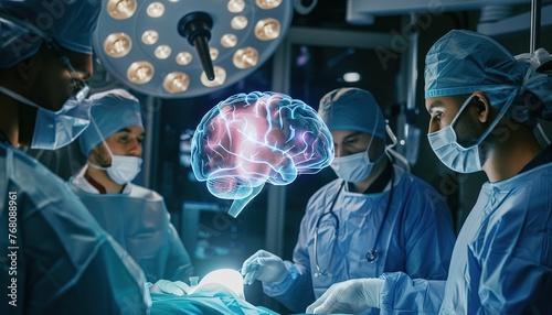Innovative Neurosurgery: A team of surgeons performs complex brain surgery illuminated by advanced medical imaging technology