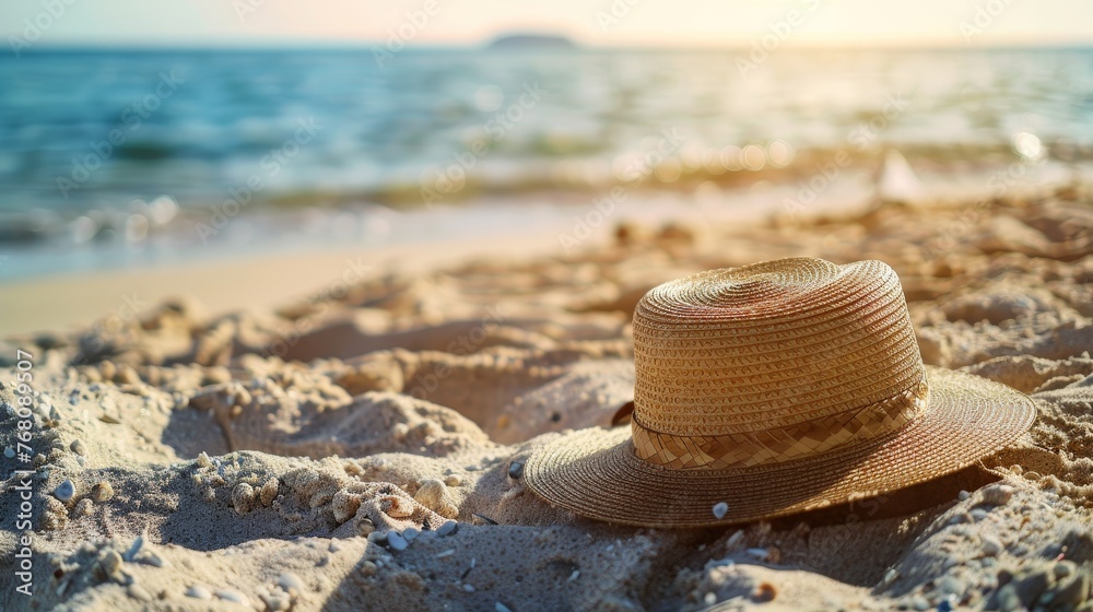 Beach Holiday Concept: Straw hat on the beach. Beach Holiday Concept: Straw hat on the beach.