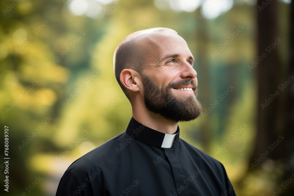 Generative AI picture of praying young priest looking up clear sly have faith believe in God happiness Generative AI picture of praying young priest looking up clear sly have faith believe in God happiness