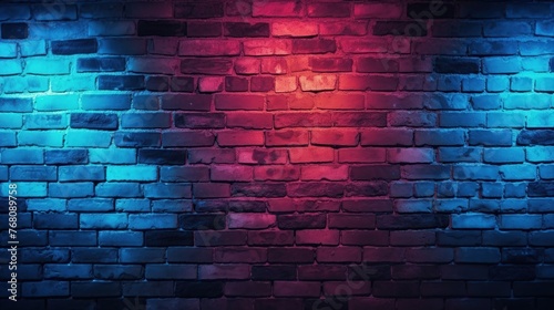 Brick wall with neon light in the background. Empty space for add text.