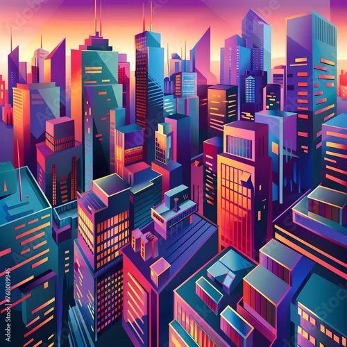 Vibrant Neon-Lit Futuristic Cityscape with Soaring Geometric Skyscrapers and Towers