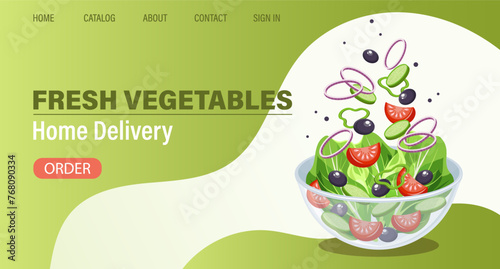 Web page design template for fresh vegetables, natural products, organic food, online food delivery, recipes. Illustration, landing page, poster, banner.
