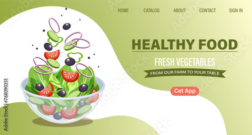Web page design template for fresh vegetables, natural products, organic food, online food delivery, recipes. Illustration, landing page, poster, banner.