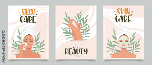 Set of flyers with woman, cosmetics, beauty products. Beauty, skin care, cosmetics, shower concept. Illustration for banner, card, advertising, poster. Vector