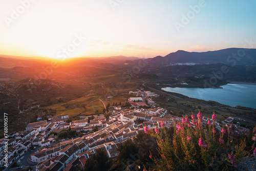 Aerial view of Zahara de la Sierra city at sunset - Zahara de la Sierra, Cadiz Province, Andalusia, Spain photo
