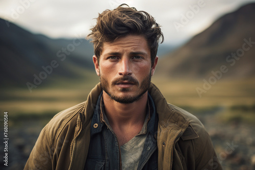 Generative AI picture of nice man traveler in autumn landscape with backpack hiking in mountains
