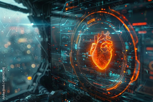 A glowing holographic heart displayed within an advanced technology interface, symbolizing medical innovation and research.