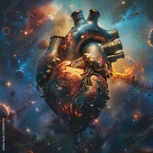 A conceptual image of an intricately detailed mechanical heart set against a vibrant cosmic background with stars and nebulae.