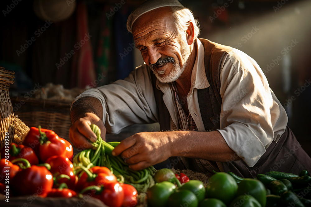 Man shopping in grocery store choosing fresh fruits and vegetables in supermarket generative AI - obrazy, fototapety, plakaty 
