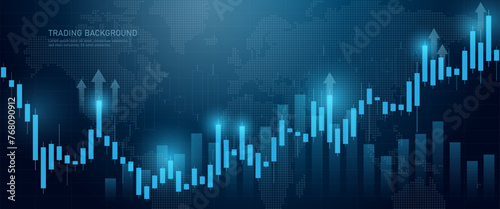 Trading candlestick chart of stock finance on a dark background. Bullish point, uptrend of the chart. Stock market candlesticks in blue. Vector illustration.