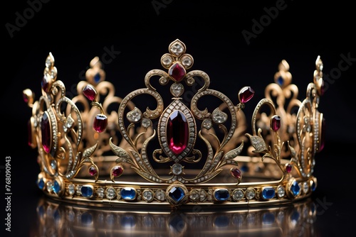 Golden crown inlaid with precious stones isolated on a black background. Royal decoration