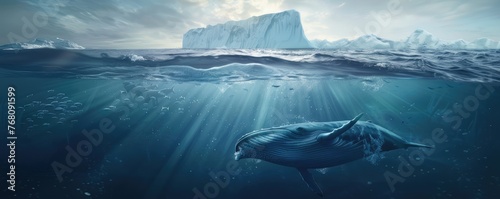 humpback whale captured swimming in the crystal-clear icy waters surrounded by massive icebergs under a blue sky.