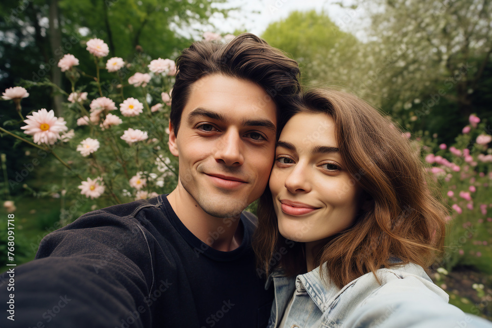 Fototapeta premium Happy people enjoying beautiful spring day park trees blossom city view Generative AI illustration