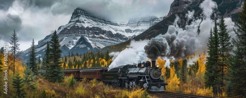 black steam locomotive pulling a chain of vintage carriages through a stunning autumnal mountain landscape with vibrant trees and a snowy peak