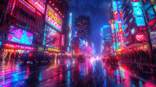 Vibrant digital illustration of a bustling city street at night under neon lights and rain © Robert Kneschke