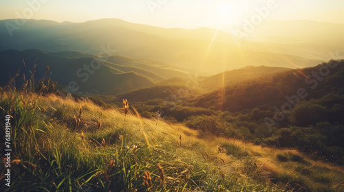 Golden sunrise over lush mountains with radiant sunbeams and tranquil scenery #768091940