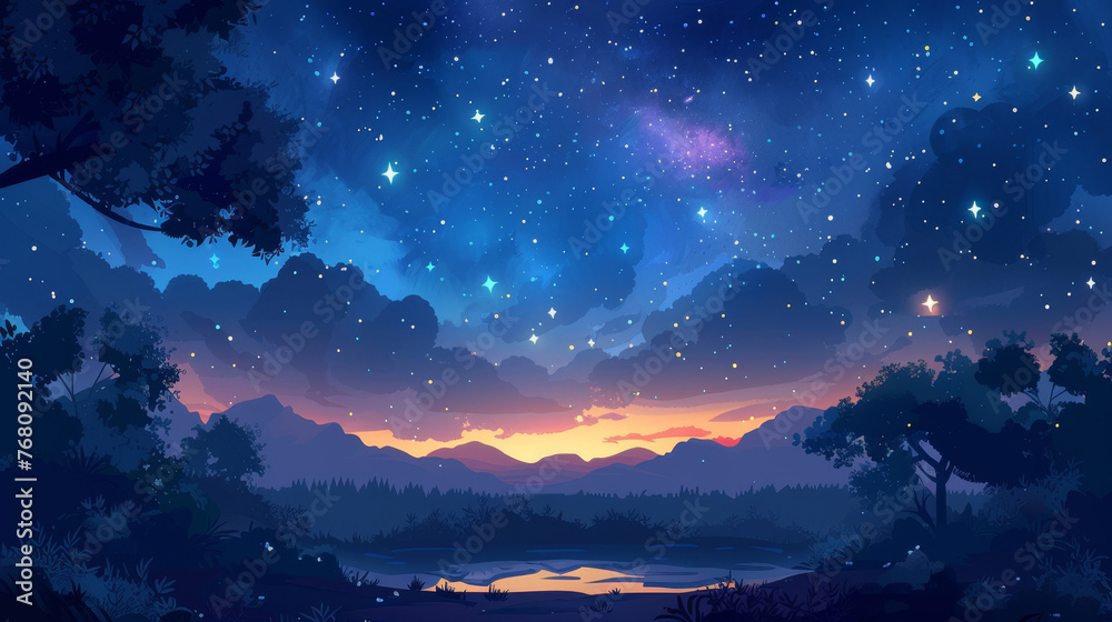 Artistic cartoon illustration of a breathtaking starry sky over a serene landscape at twilight