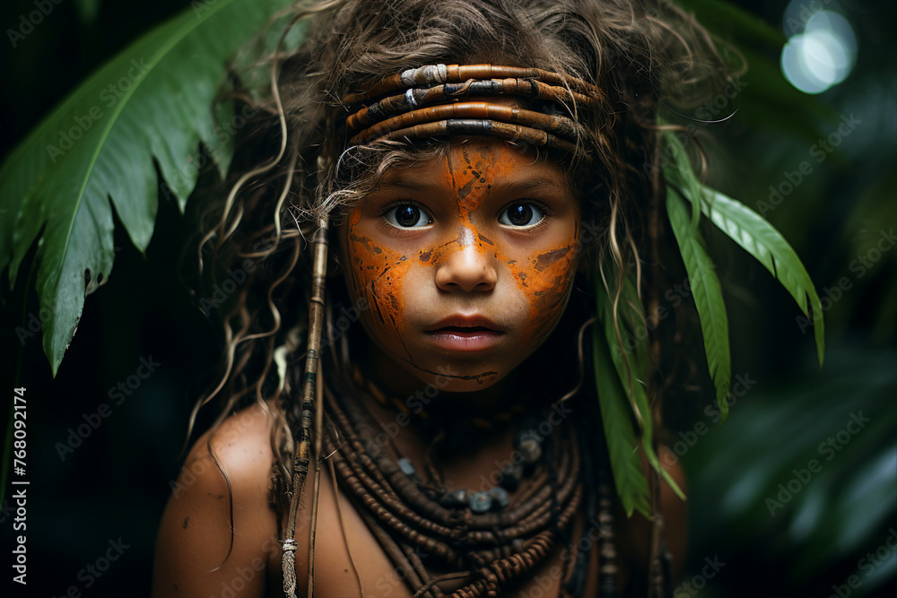 Designed with generative ai photo picture of small cute child traveler in green forest exploring nature