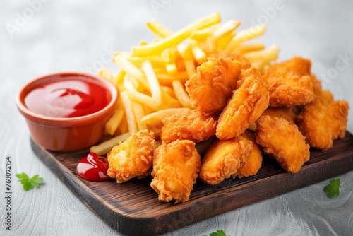 Chicken nuggets and french fries fast food meal eating snack with ketchup on a wooden board