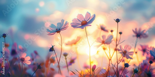 Pastel-colored cosmos flowers blooming under the dreamy sunset sky
