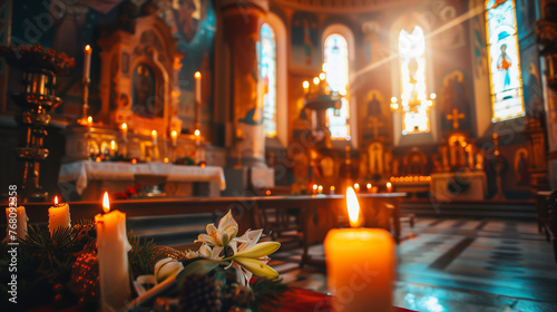Easter, Warm Candlelit Interior of Ornate Church, Golden Hour, Spirituality and Religion, Church interior with Easter icons and decoratio, AI Generation