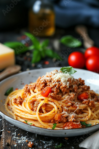 Spaghetti Bolognese meal eating pasta lunch with tomatoes and cheese portrait format