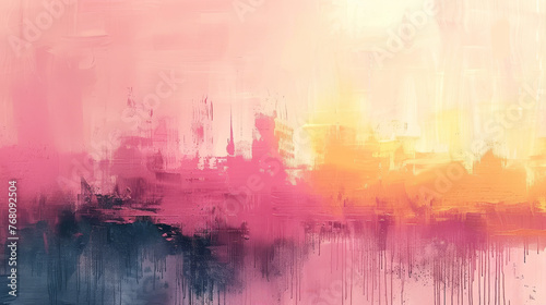 Hand-drawn abstract expressionist oil painting in pink and yellow hues