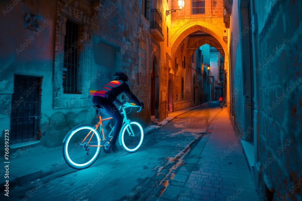 A cyclist on a neon bike speeding through a narrow, historic street at night , Solid color background, high resolution A cyclist on a neon bike speeding through a narrow, historic street at night , Solid color background, high resolution