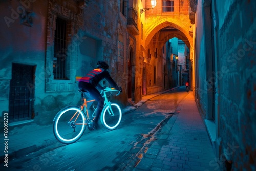 A cyclist on a neon bike speeding through a narrow, historic street at night , Solid color background, high resolution