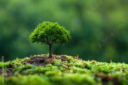 Solitary Tree Standing on Lush Green Mossy Ground Against Soft Background