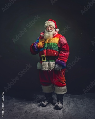 a vibrant detail full body of santa wearing rainbow costume, cinematic style