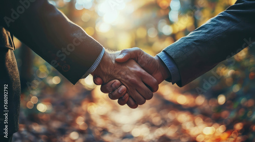 Business handshake taking place in a forest photo
