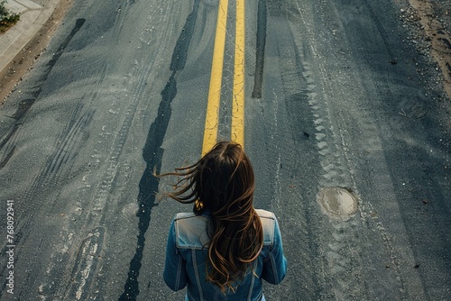Overhead shot of a woman standing at a crossroads on an empty asphalt street, symbolizing decision-making, resembling the cinematic aesthetics of Christopher Doyle photo