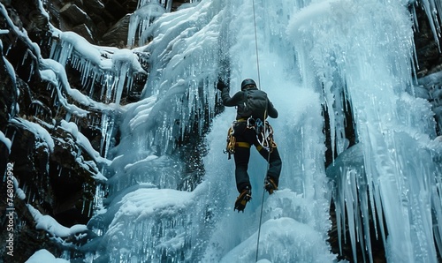 climber in gear scales a majestic frozen waterfall amid jagged rocks and icy crags photo