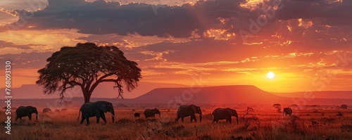 herd of elephants trekking across the African savanna under a breathtaking sunset