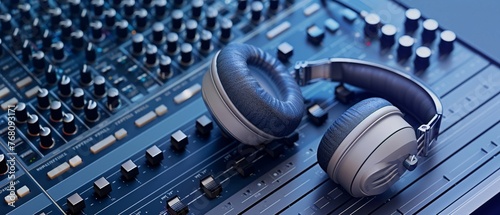 A pair of oldschool headphones resting on a trimedge, touchsensitive music mixer , Solid color background, hyper realistic photo