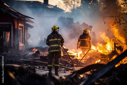 AI generated image photo of a professional rescuer against ruined burning city damaged buildings background