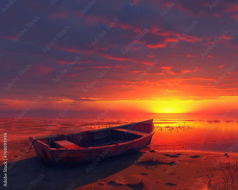 A vibrant sunset over a deserted beach, with a single, abandoned boat in the foreground , Solid color background, hyper realistic