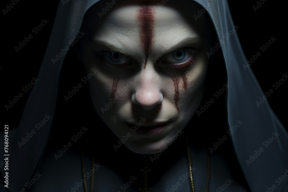 Mysterious religious person nun priest in church robe serious face expression Generative AI illustration Mysterious religious person nun priest in church robe serious face expression Generative AI illustration