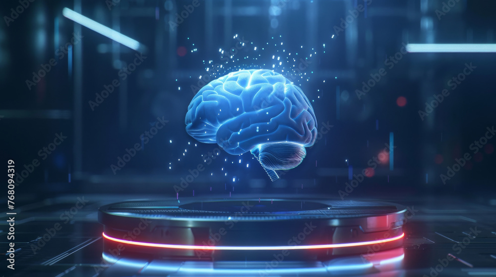 Close up of 3D brain hologram suspended in mid-air on digital interface background, neurology and artificial intelligence concept. - obrazy, fototapety, plakaty 