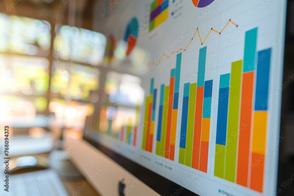 Vibrant colors charts of a business plan presentation in a modern office, strategic planning concept. Vibrant colors charts of a business plan presentation in a modern office, strategic planning concept.