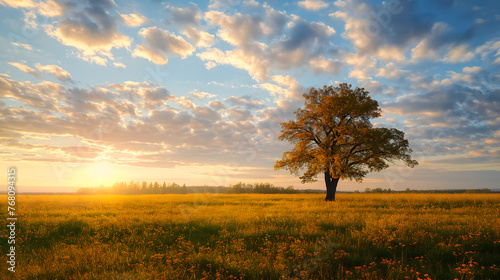 Majestic Lone Tree in Golden Wheat Field at Sunset