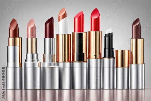 realistic lipstick packaging collection. Black, white, red, silver, gold, rose gold plastic tubes isolated on white background. Set of cosmetic product realistic HD .