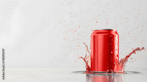 Dynamic Soda Can with Splashing Liquid on White Background