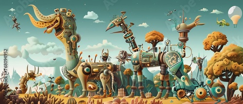 Whimsical Machine Creatures Invent creatures that are part animal, part machine, living in a steampunkinspired ecosystem , Solid color background, vector illustration