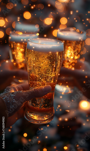 Golden Brew: Toasting with Friends with Glowing Bokeh Lights
