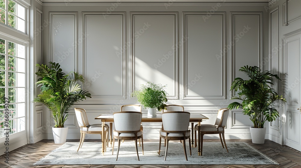 Interior of a neoclassical styled dining room. 3d render background